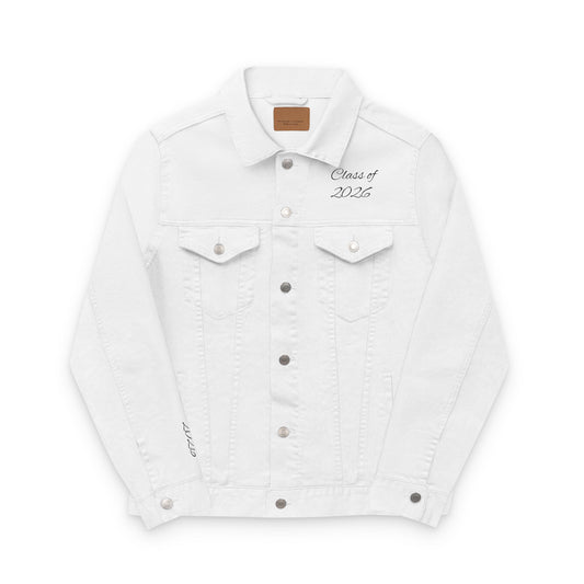 Stylish Embroidered Unisex Denim Jacket, Class of 2026 Moving On, Casual Outerwear, Fashionable Gift, Trendy Layer, Statement Jacket, Everyday Wear